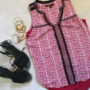 Red Tribal Sleeveless Top with Colorful Stitching